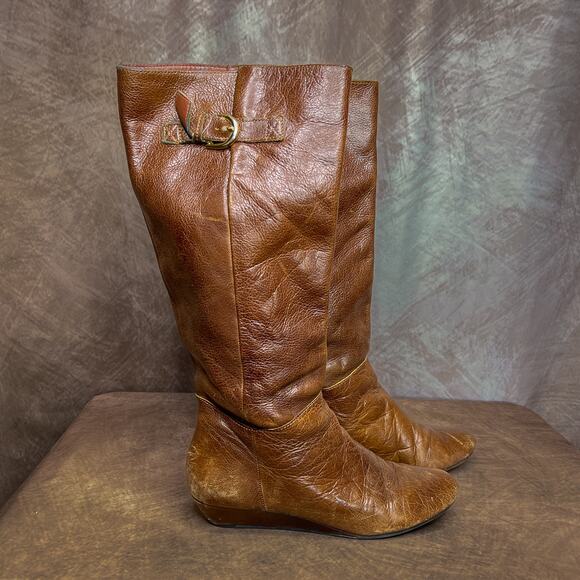 Steven by Steve Madden Intyce Leather Riding Boots Tan Wedge Heel Women's 7M Y2K - Picture 2 of 11